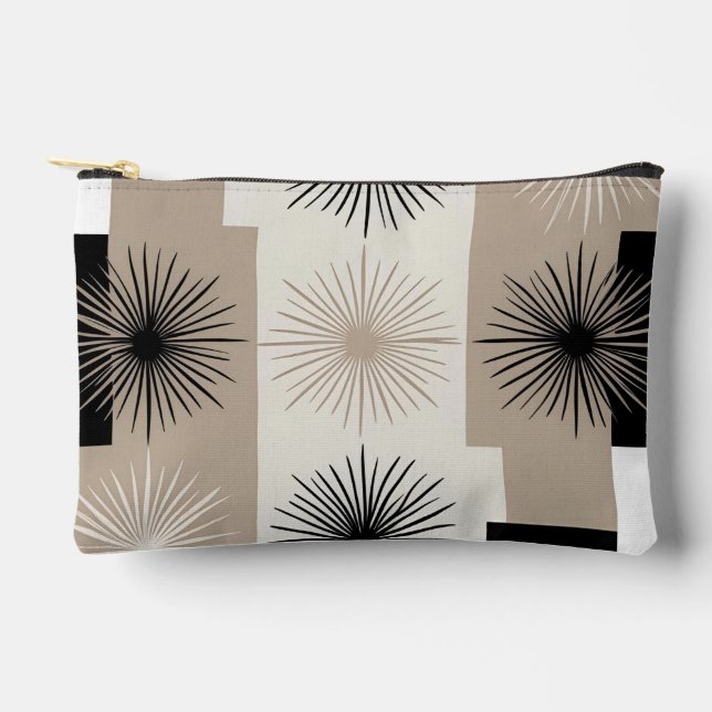 Modern Beige, Black White Starburst Minimalist Accessory Pouch (Front)