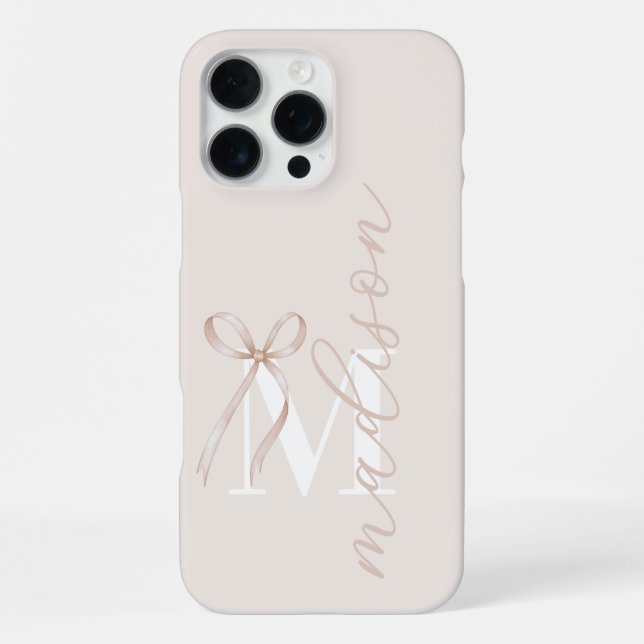 Modern Beige Bow Initial Monogram iPhone Case (Back)
