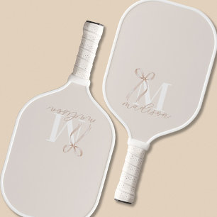 Modern Beige Bow Initial Monogram Pickleball Paddle