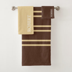 modern Beige &Brown Stripes Pattern Custom Name Bath Towel Set