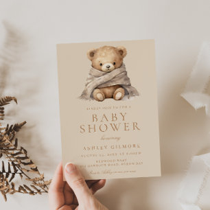 Modern Beige Brown Teddy Bear Baby Shower Invitation