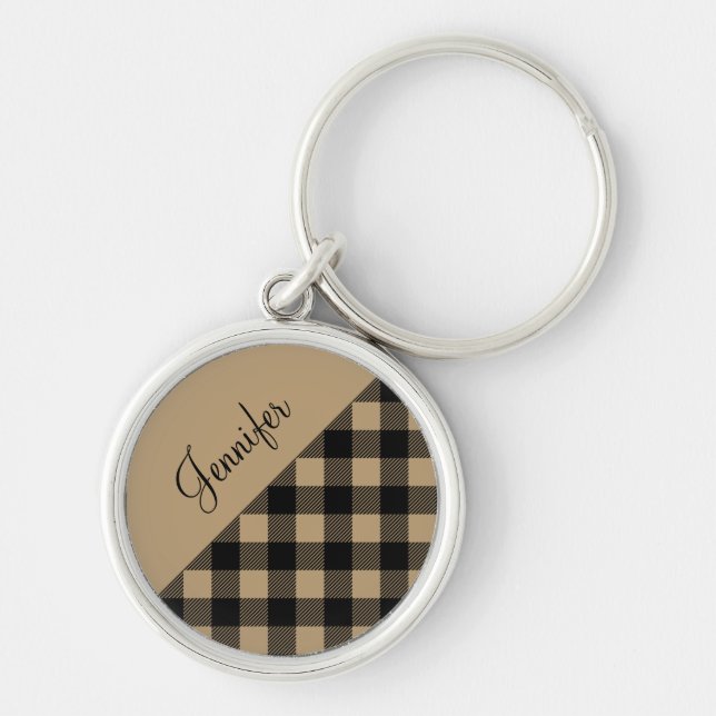 Modern Beige Buffalo Plaid Check Pattern Name Key Ring (Front)