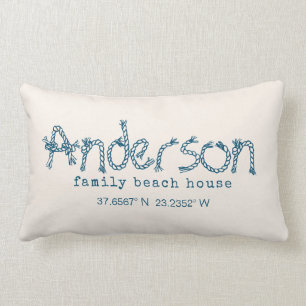 Modern beige coastal beach house family name lumbar cushion