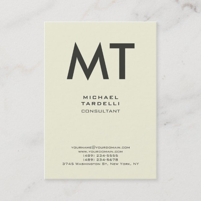 Modern Beige Colour Trendy Vertical Bold Monogram Business Card (Front)