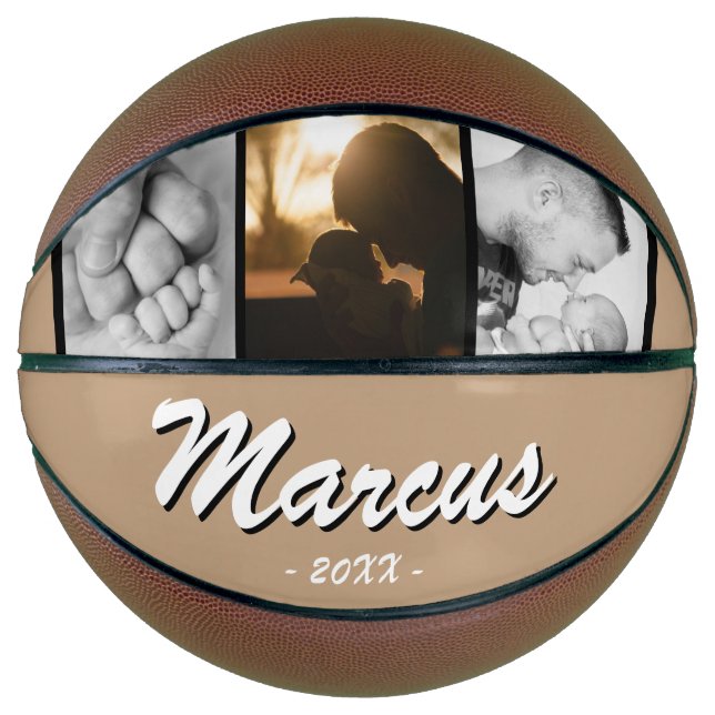 Modern Beige Dad Name Keepsake 3 Photo Collage Basketball (Front)