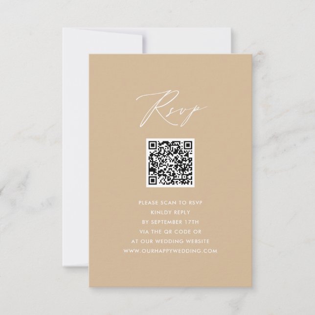 Modern Beige Elegant Script Simple QR Wedding RSVP Card (Front)