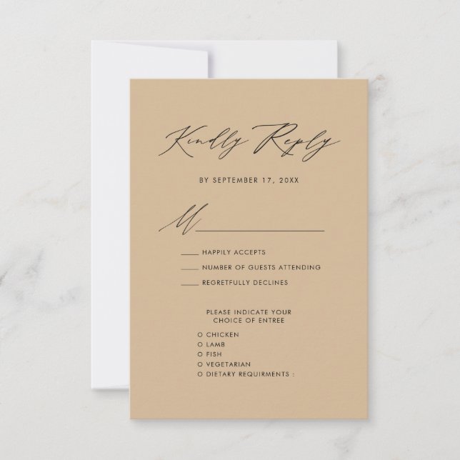 Modern Beige Elegant Script Simple Wedding RSVP Card (Front)
