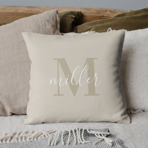 Modern Beige Family Name Monogram Cushion