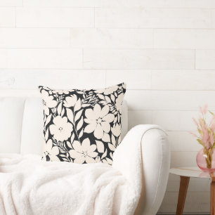 Modern Beige Flowers Black Botanical Cushion