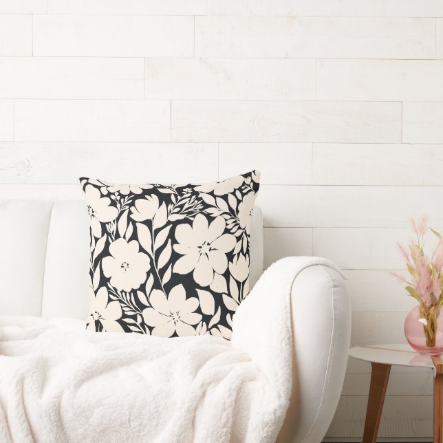 Modern Beige Flowers Black Botanical Cushion (Couch)