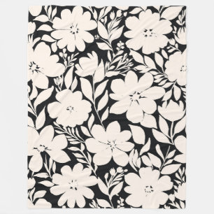Modern Beige Flowers Black Botanical Fleece Blanket