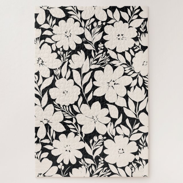 Modern Beige Flowers Black Botanical Jigsaw Puzzle (Vertical)