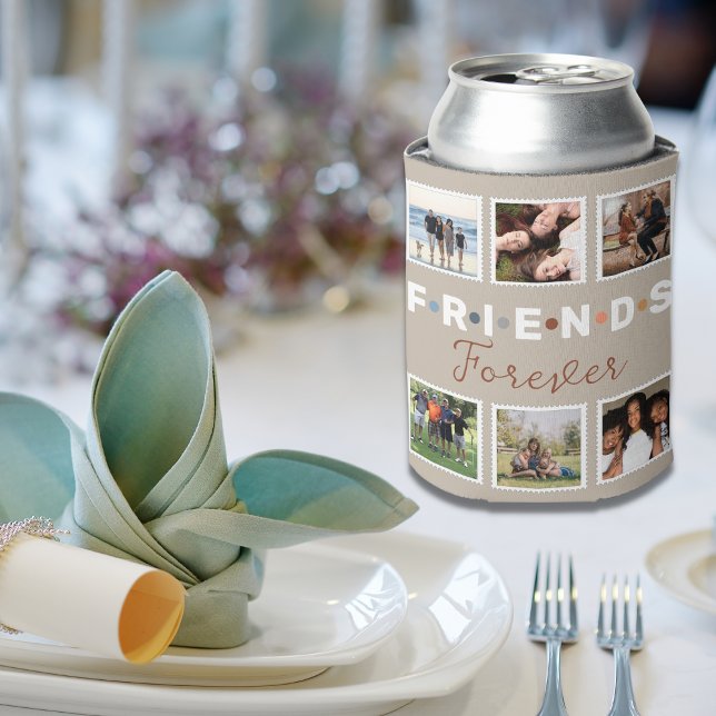 Modern Beige Friends Forever Photo Collage Can Cooler (Creator Uploaded)