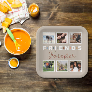 Modern Beige Friends Forever Photo Collage Paper Plate