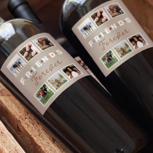 Modern Beige Friends Forever Photo Collage Wine Label