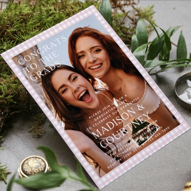 Modern Beige Gingham Photo Graduation Party Invitation (Creator Uploaded)