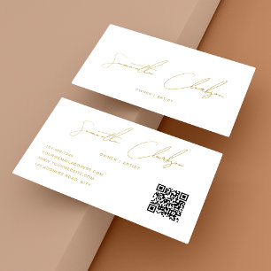 Modern Beige Gold Handwritten Script QR code Business Card