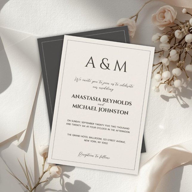Modern beige gray minimalist wedding invitation (Creator Uploaded)