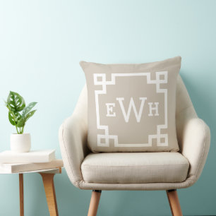 Modern Beige Greek Key Custom Monogram Cushion