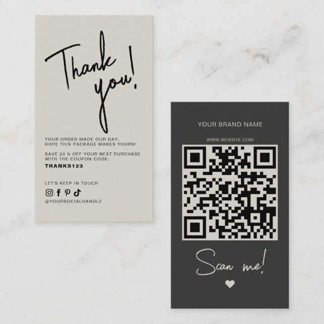 Modern beige grey order thank you QR code Business Card (Front/Back)