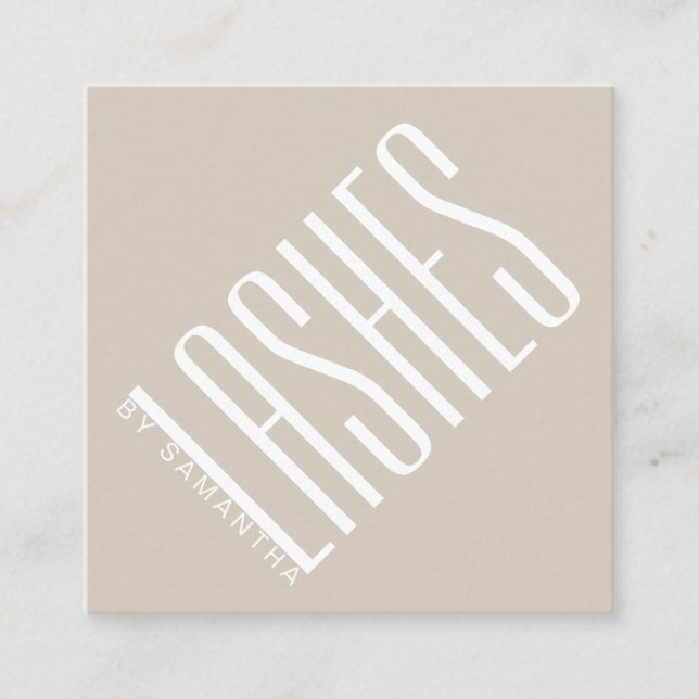 Modern beige lash thin typography square business card (Front)