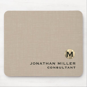 Modern Beige Linen Brushed Gold Monogram Mouse Pad
