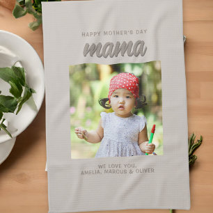 Modern Beige Mama Kids Photo Mother's Day  Tea Towel