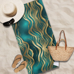 Modern Beige Marble Waves Turquoise Teal Blue  Beach Towel
