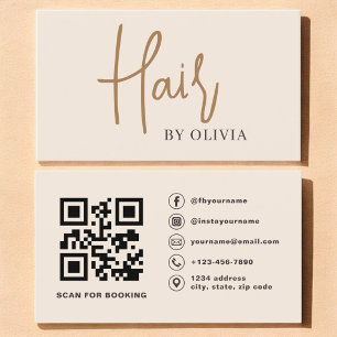  Modern Beige Neutral QR Code Hair Stylist Business Card