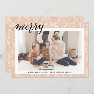 Modern Beige Pine Bough Script MERRY Minimalist Holiday Card