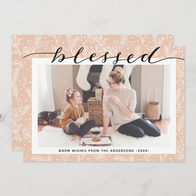 Modern Beige Pine Boughs Elegant Script Minimalist Holiday Card (Front/Back)