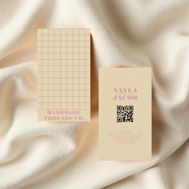 Modern Beige & Pink Chequered Pattern QR Code Business Card (Creator Uploaded)