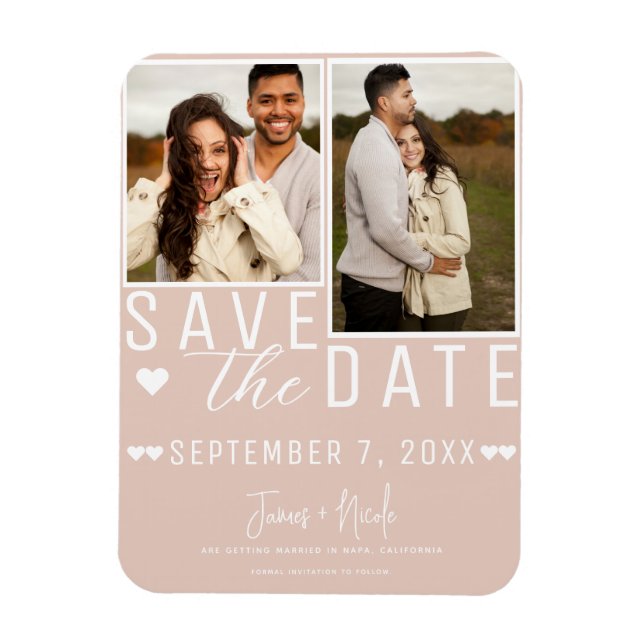 Modern Beige Pink Save the Date  2 Photo Wedding  Magnet (Vertical)
