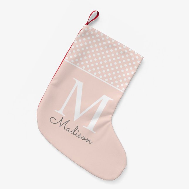 Modern beige polka dot pattern name monogram small christmas stocking (Front (Hanging))