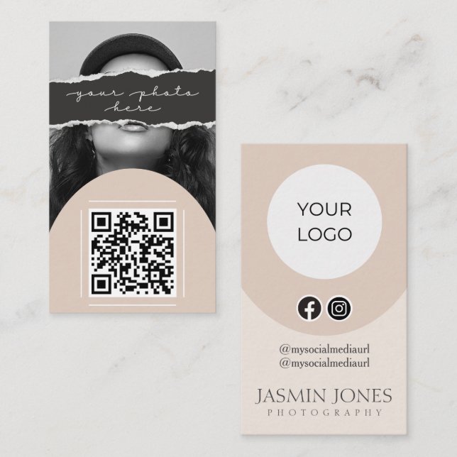 Modern Beige QR Code Photo Business Card (Front/Back)