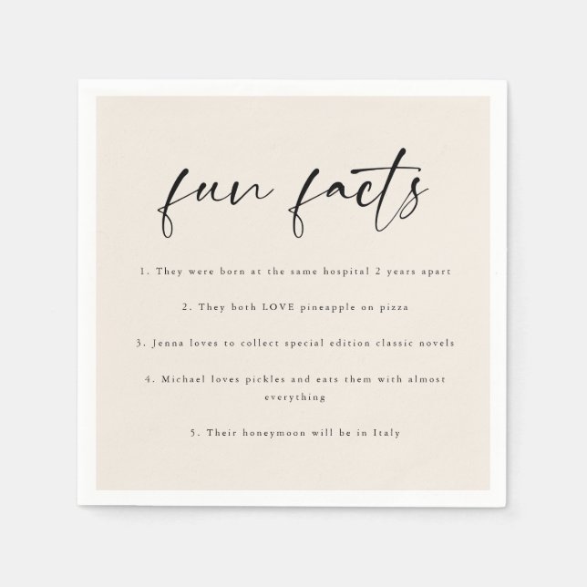 Modern Beige Script 'Fun Facts' Wedding Napkin (Front)