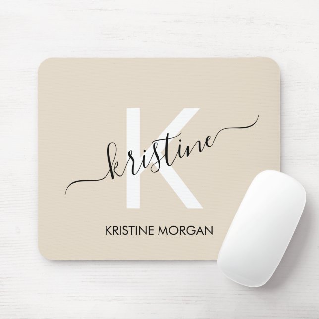 Modern beige script monogram name mouse pad (With Mouse)