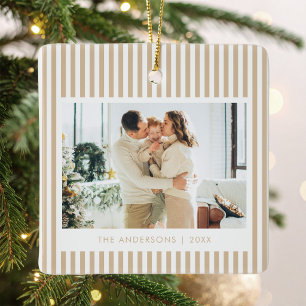 Modern Beige Stripes Custom Photo Christmas Ceramic Ornament