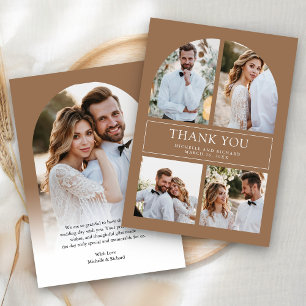 Modern Beige Tan Arch Photo Collage Wedding Thank You Card