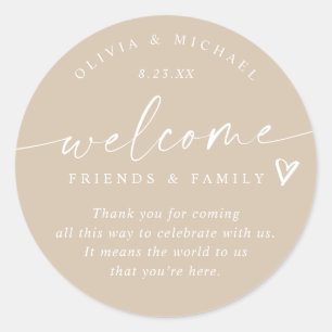 Modern Beige / Tan Wedding Welcome Hotel Bag Classic Round Sticker