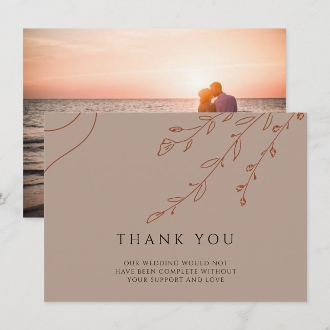 Modern Beige Wedding Thank You Card with Photo (Front/Back)