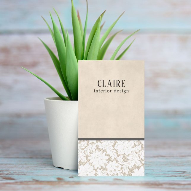 Modern Beige White Lace Pattern Interior Designer Business Card (Creator Uploaded)