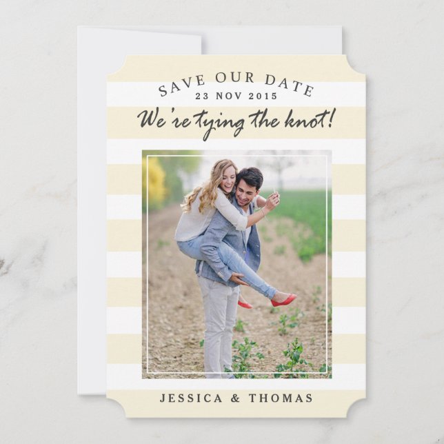 Modern Beige & White Stripes | Photo Save The Date (Front)