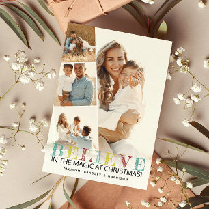 Modern 'BELIEVE' Christmas Photo Collage Holiday Card