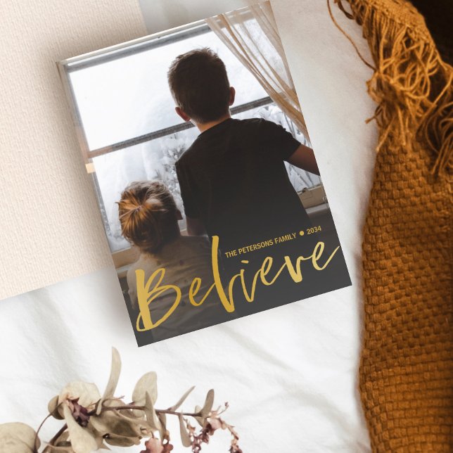 Modern Believe Gold Script Photo Christmas Postcard (Creator Uploaded)
