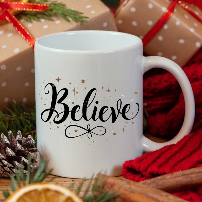 Modern "Believe" Script Christmas Coffee Mug (Creator Uploaded)