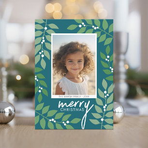 Modern berries eucalyptus branches - photo teal holiday card