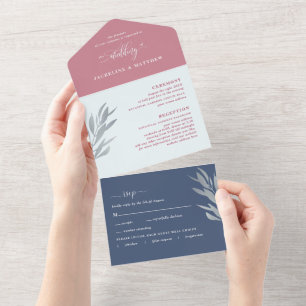 Modern Berry and Blue Wedding with Perforated RSVP All In One Invitation