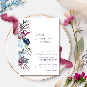 Modern Berry Burgundy and Blue Floral Wedding Invitation