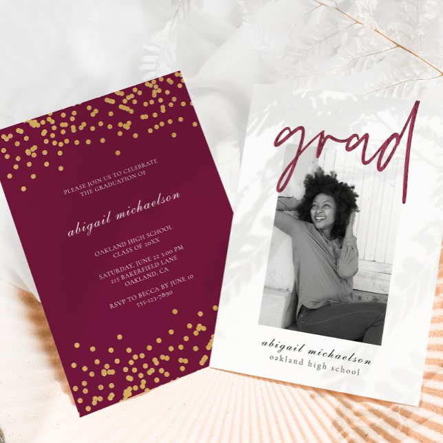 Modern Berry Faux Gold Dots Photo Graduation Party Invitation (Creator Uploaded)